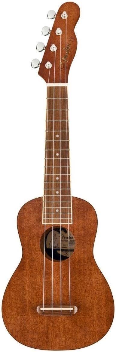 Ukulele Fender Seaside Soprano para iniciantes com braço e corpo em madeira marrom clara e tarraxas cromadas.