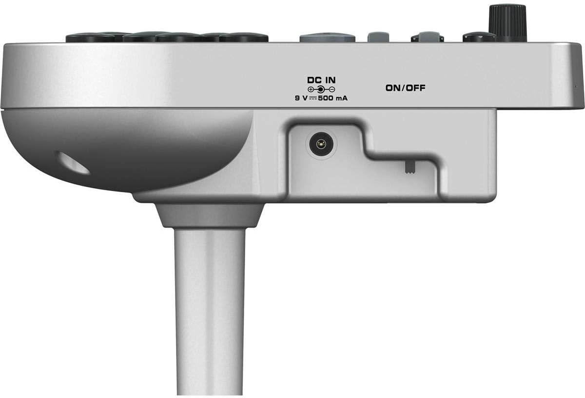 Lateral do módulo Behringer HDS110USB para bateria eletrônica com entrada DC IN e botão on/off.