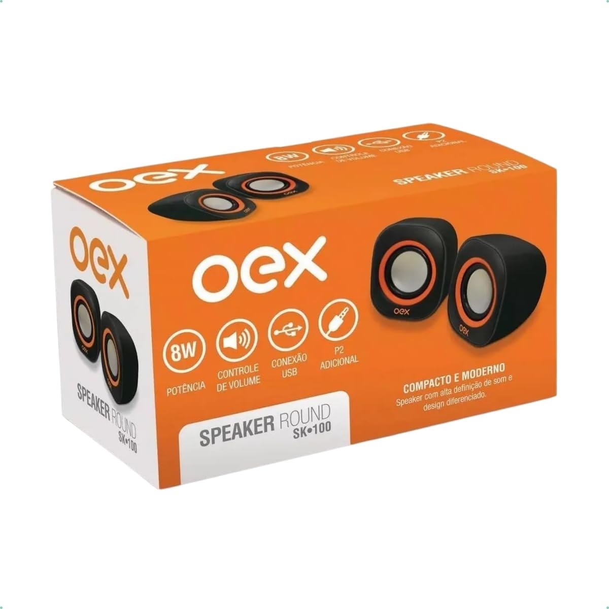Embalagem da caixa de som para PC OEX SK100 Round com especificações e design moderno.