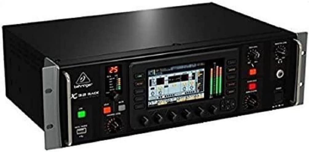 Behringer X32 RACK Mesa de Som Digital com 22 canais, tela colorida, botões e indicadores LED, rack preto.