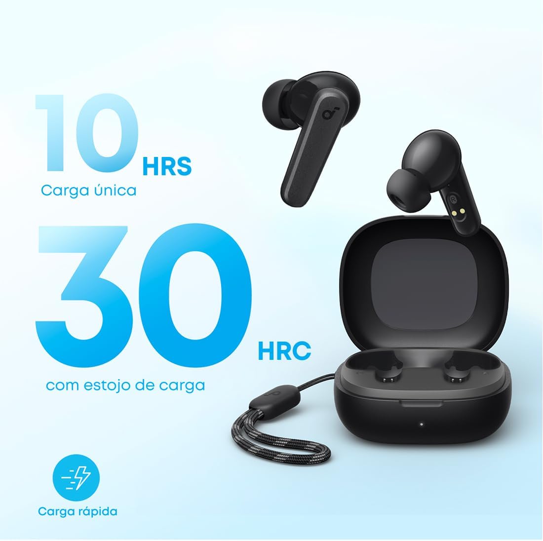 Fones Soundcore P20i com estojo de carregamento mostrando autonomia de 10 horas e 30 horas com estojo, com carga rápida.
