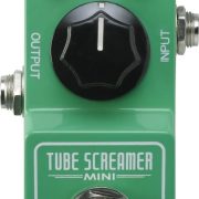 Pedal Ibanez Tube Screamer Mini overdrive verde para guitarra com controles Tone, Level e Overdrive.