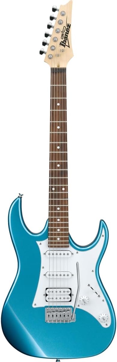 Guitarra elétrica Ibanez Gio GRX40 azul metálico claro vista frontal com captadores HSS e braço escuro.