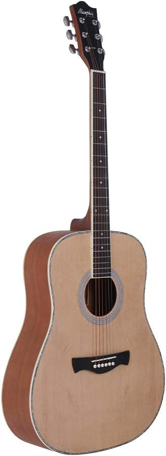 Violão dreadnought Non-Cutaway natural com cordas de aço, tampo claro e laterais marrons, ponte preta e tarraxas cromadas