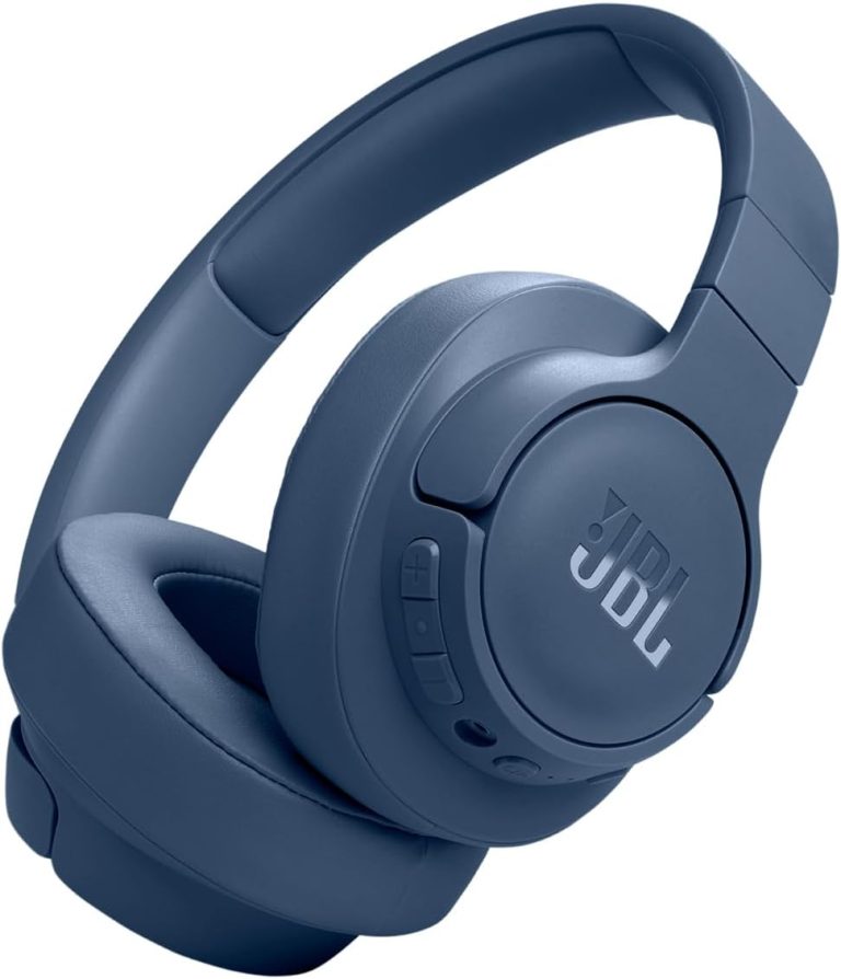 Fone de ouvido JBL Tune 770NC Bluetooth over ear azul com botões de controle e logo JBL