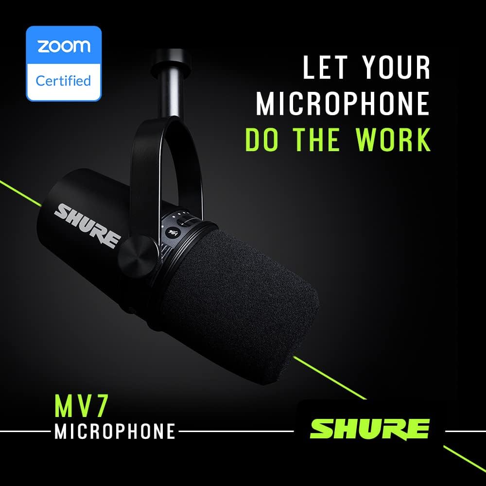 Microfone Shure MV7 preto fosco com certificação Zoom Certified para uso confiante em chamadas.
