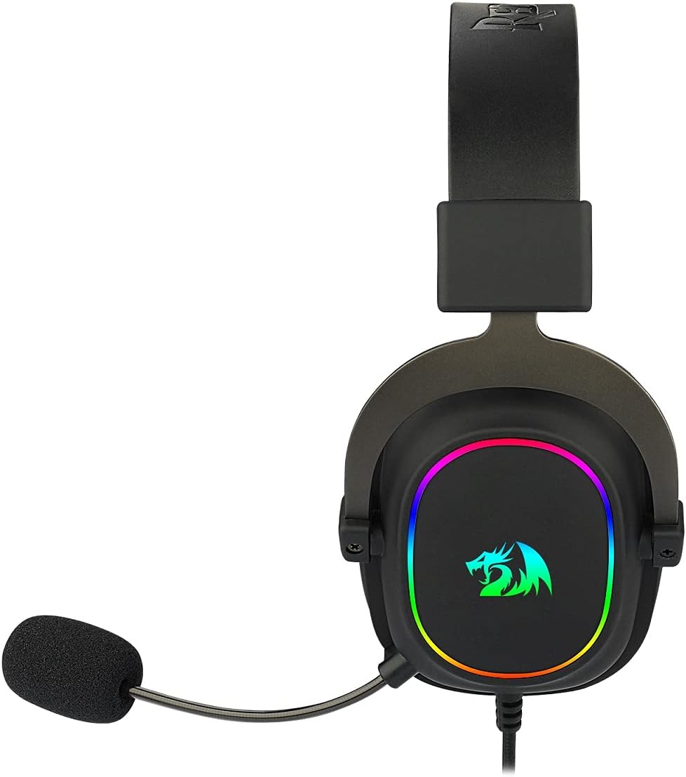 Headset Redragon Zeus X H510-RGB visto de frente com microfone flexível e iluminação RGB colorida nas conchas.