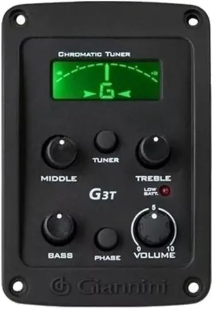 Equalizador Giannini G3T para violão eletroacústico com display cromático e controles de equalização.