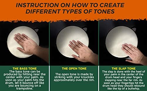 Instruções para criar diferentes tipos de tons no tambor Djembe, mostrando posições das mãos e explicações