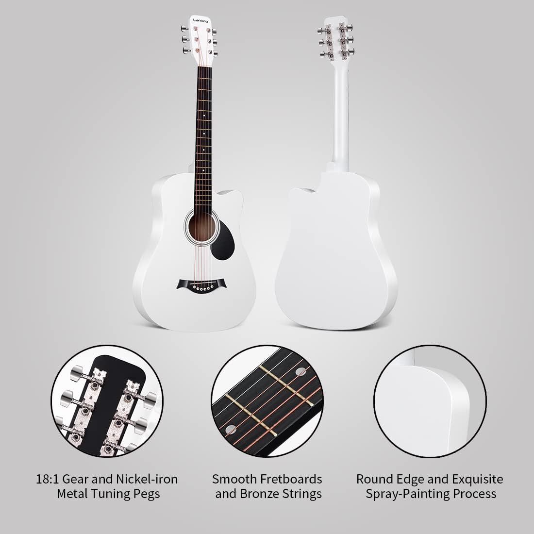Guitarra acústica branca Lankro com tarraxas 18:1, cordas de bronze e acabamento suave com pintura por spray