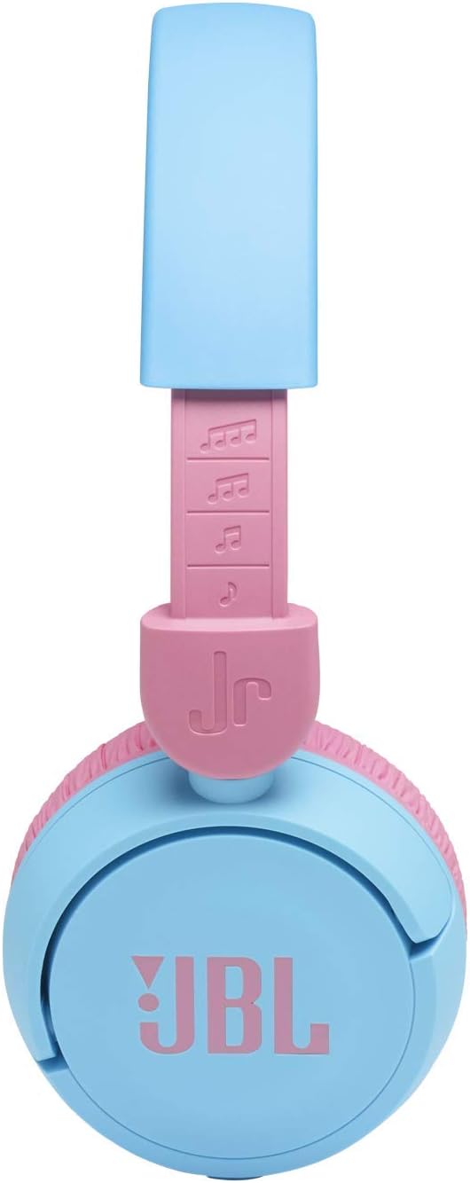Fone de ouvido infantil JBL JR310BT azul claro e rosa com detalhes musicais na faixa e limite de volume