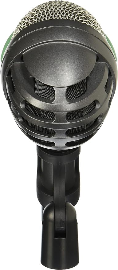Microfone dinâmico AKG D112 MKII preto para instrumentos graves visto de frente com detalhe verde