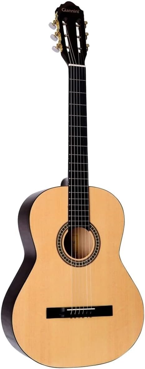 Violão acústico Giannini GS-15 Estudo com cordas de aço natural, tampo claro e laterais escuras, braço preto e tarraxas douradas.