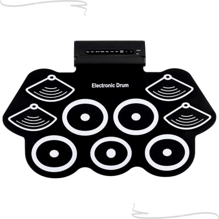 Bateria eletrônica portátil com 9 pads e painel de controle preto