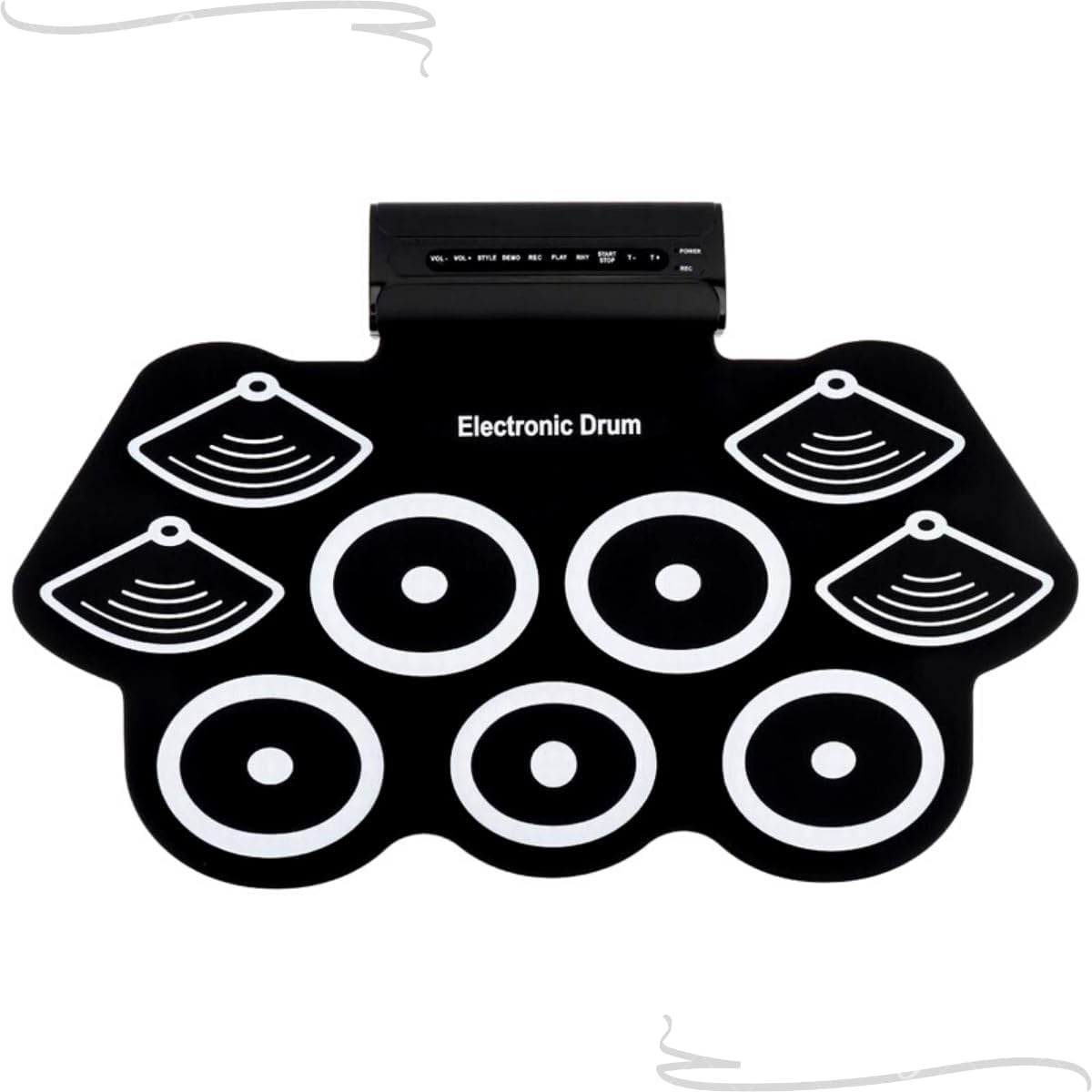 Bateria eletrônica portátil preta com 9 pads e painel de controle para volume, estilo, gravação e reprodução.