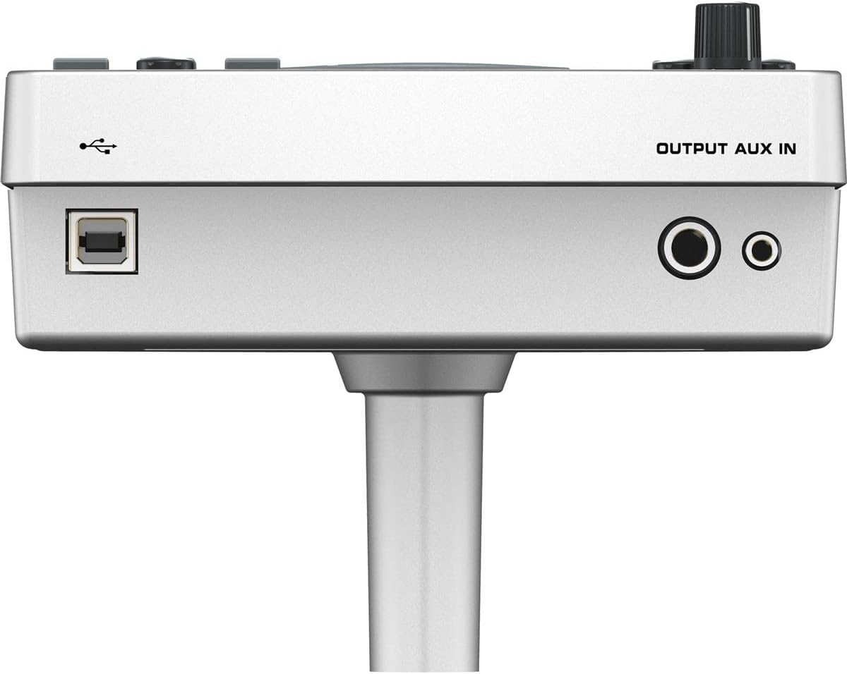 Parte traseira do módulo Behringer HDS110USB com conexões USB, saída P10 e entrada auxiliar P2.