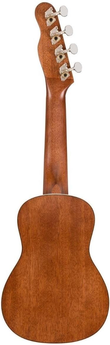 Parte traseira do ukulele Fender Seaside Soprano em madeira marrom com tarraxas cromadas.