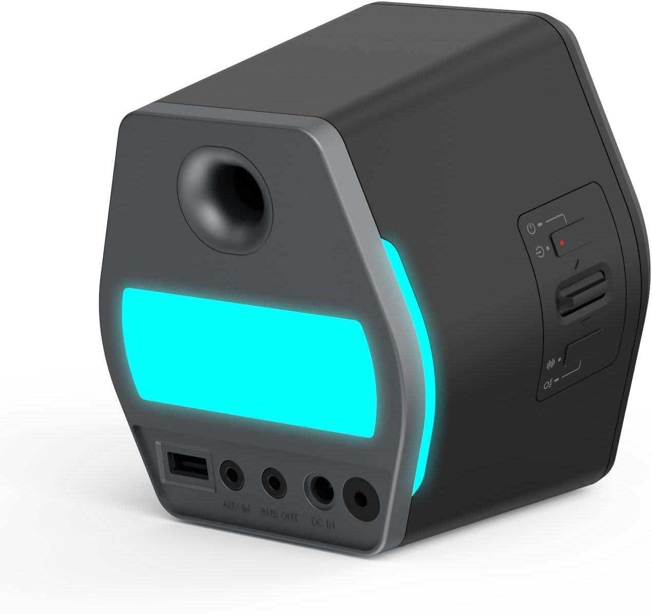 Parte traseira da caixa de som Edifier G2000 com conexões USB, auxiliar, subwoofer e iluminação RGB azul.