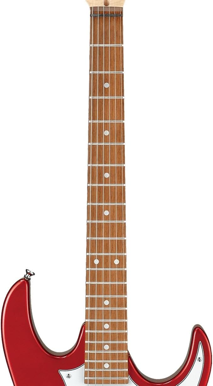 Braço e parte do corpo da guitarra elétrica Ibanez Gio GRX40 vermelha candy apple com captadores e controles brancos.