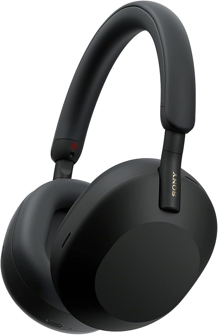 Fones de ouvido Sony WH-1000XM5 pretos com cancelamento ativo de ruído, design over-ear confortável e moderno.