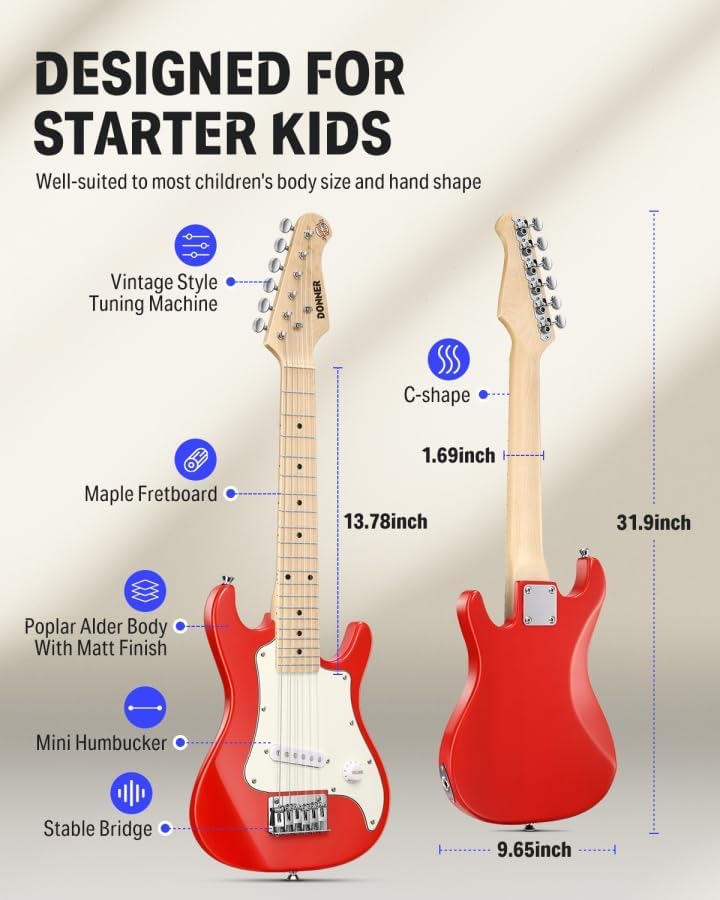 Especificações técnicas guitarra elétrica júnior ST Mini vermelha Donner para crianças