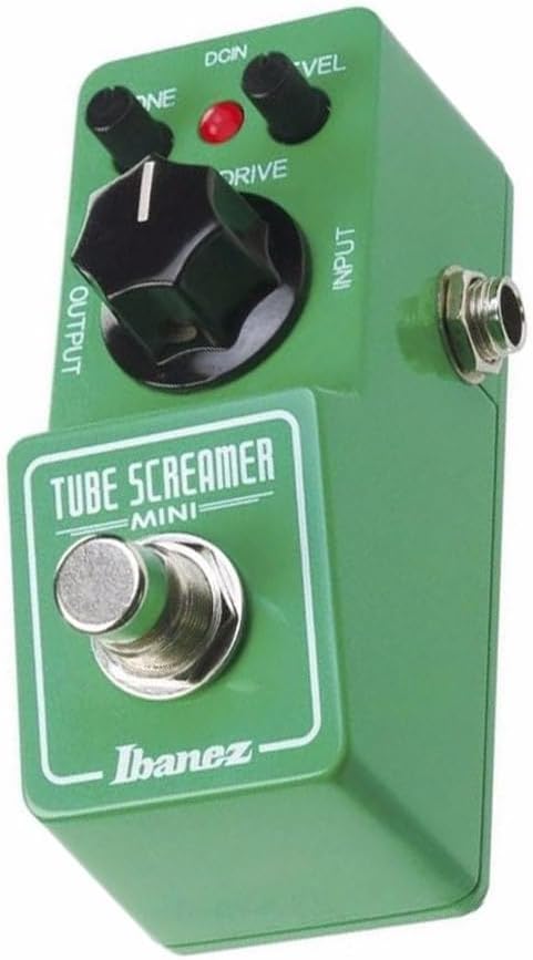 Ibanez Tube Screamer Mini pedal overdrive verde para guitarra com controles Tone, Level, Overdrive e footswitch metálico.