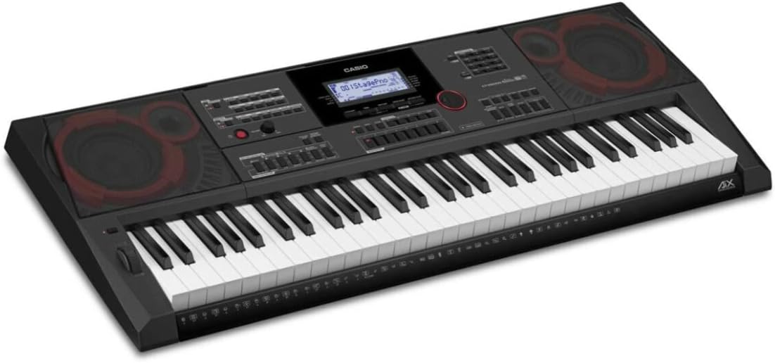 Teclado Casio CT-X5000 portátil com 61 teclas sensíveis ao toque e painel frontal multifunções com tela LCD.