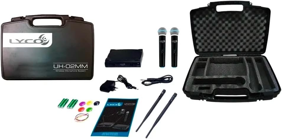 Kit completo do microfone sem fio Lyco UH-02MM com maleta, microfones, cabos, antenas, manual e pilhas AA coloridas.