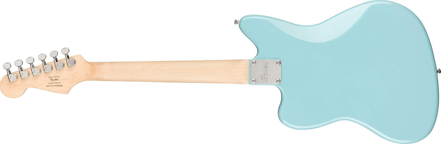 Parte traseira da guitarra Squier Mini Jazzmaster HH azul claro com braço de madeira clara