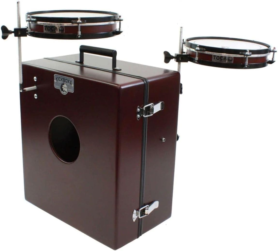 Lado da bateria portátil Toca Kickboxx Suitcase com dois tambores adicionais e estojo marrom de madeira