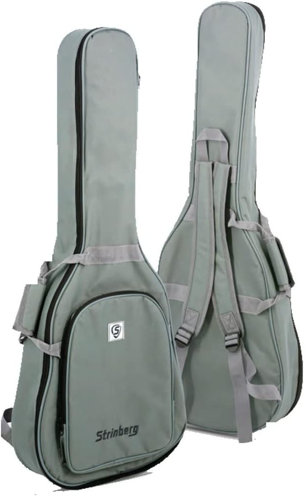Capa acolchoada cinza para violão Strinberg com bolso frontal e alças ajustáveis.