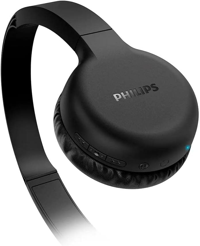 Headphone Philips TAH1205BK/00 preto com controles de reprodução e luz LED azul ligada