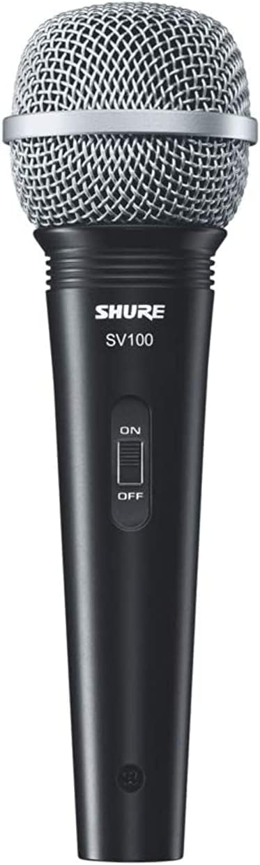 Microfone de mão dinâmico Shure SV100 preto com grade metálica prateada e botão liga/desliga