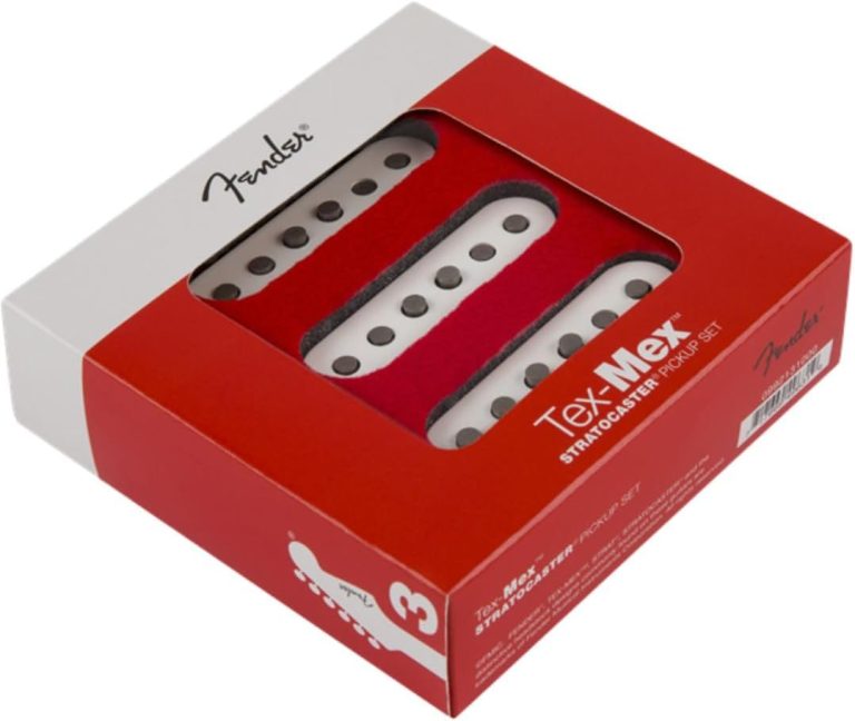 Kit de captadores Fender Tex-Mex Strat Stratocaster single coil branco na embalagem vermelha e branca