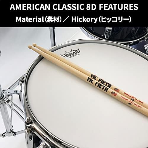 Baquetas Vic Firth American Classic 8D de madeira Hickory sobre tambor, mostrando características do produto.