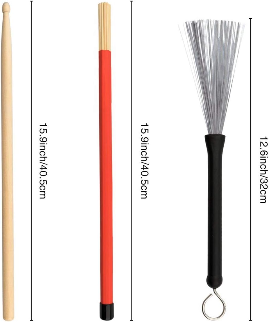 Dimensões das baquetas, varetas de bambu e escovas de arame do conjunto GOGHOST para bateria