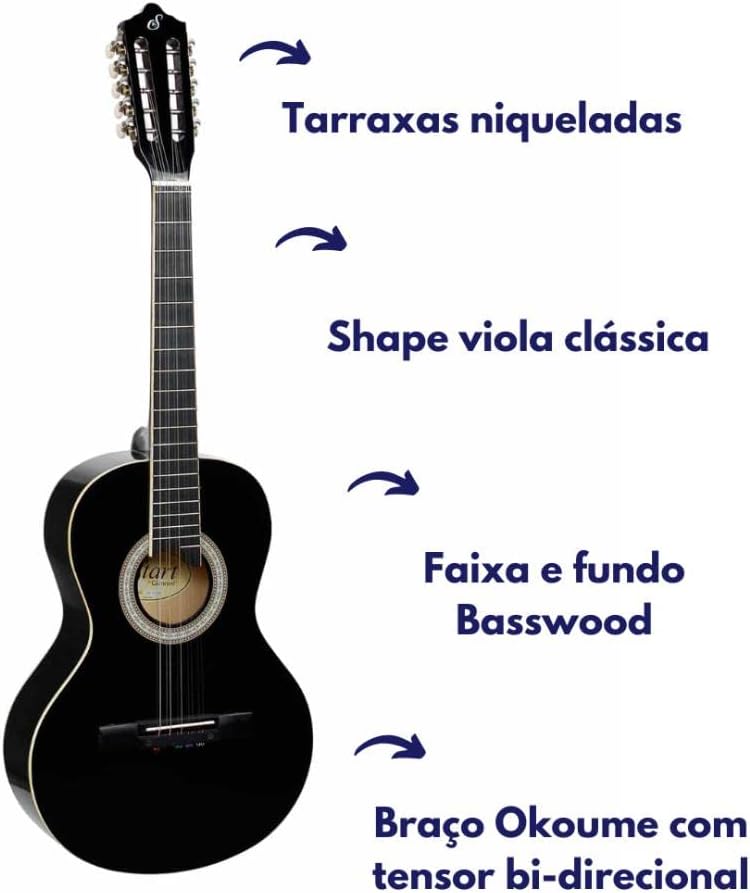 Viola acústica Giannini VS-14BK preta com 10 cordas, acabamento verniz brilhante, especificações técnicas destacadas