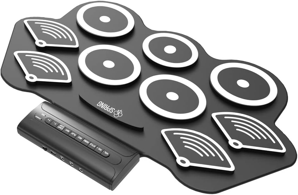 Bateria eletrônica Spring preta dobrável com 9 pads e painel de controle digital