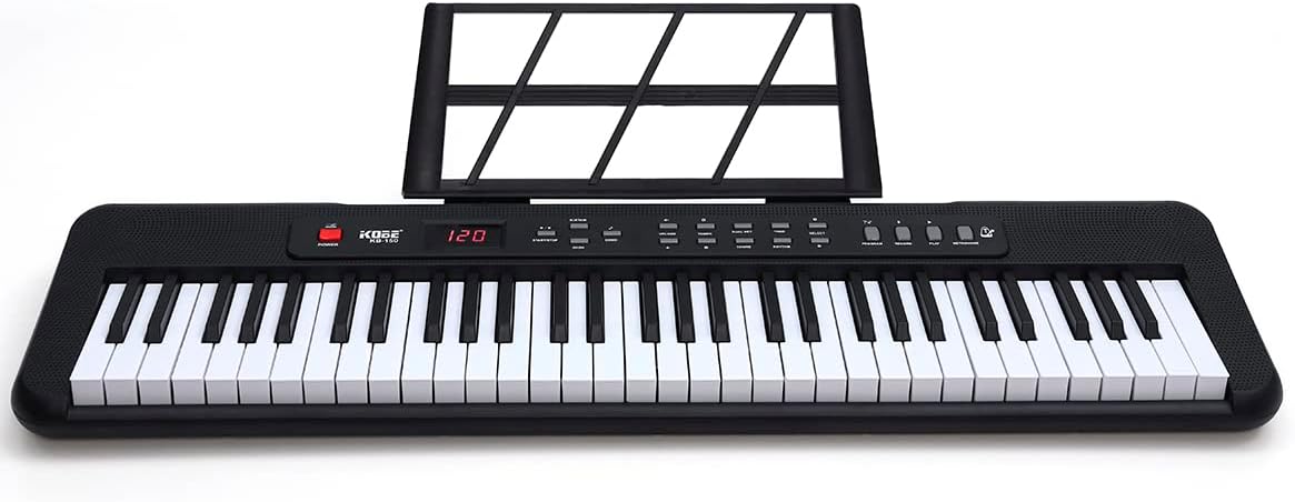 Teclado Kobe KB-150 preto com 61 teclas, display digital e suporte para partituras.