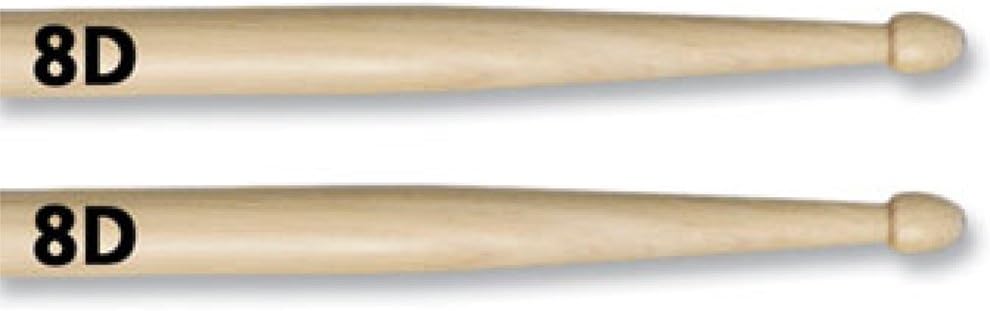 Detalhe de baquetas Vic Firth American Classic 8D feitas em madeira clara, com ponta arredondada.