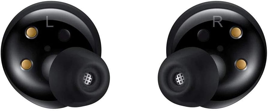 Samsung Galaxy Buds+ fones de ouvido Bluetooth in ear pretos com encaixe interno e contatos dourados de carregamento