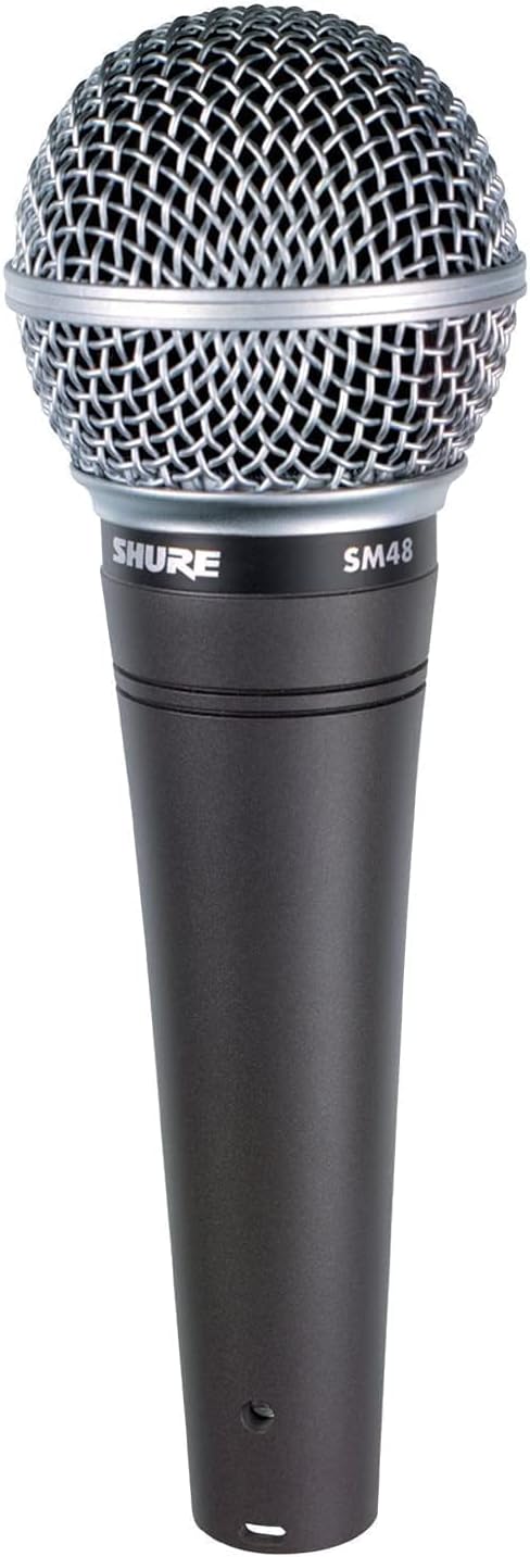Microfone Shure SM48-LC dinâmico cardióide para vocais com filtro pop, corpo preto e grade prateada