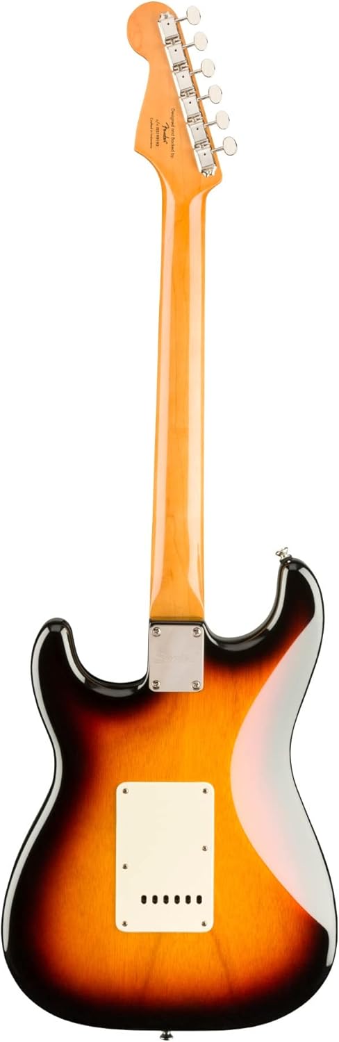 Traseira da guitarra elétrica Squier Classic Vibe '60s Stratocaster em acabamento Sunburst com braço e cabeça em madeira clara.