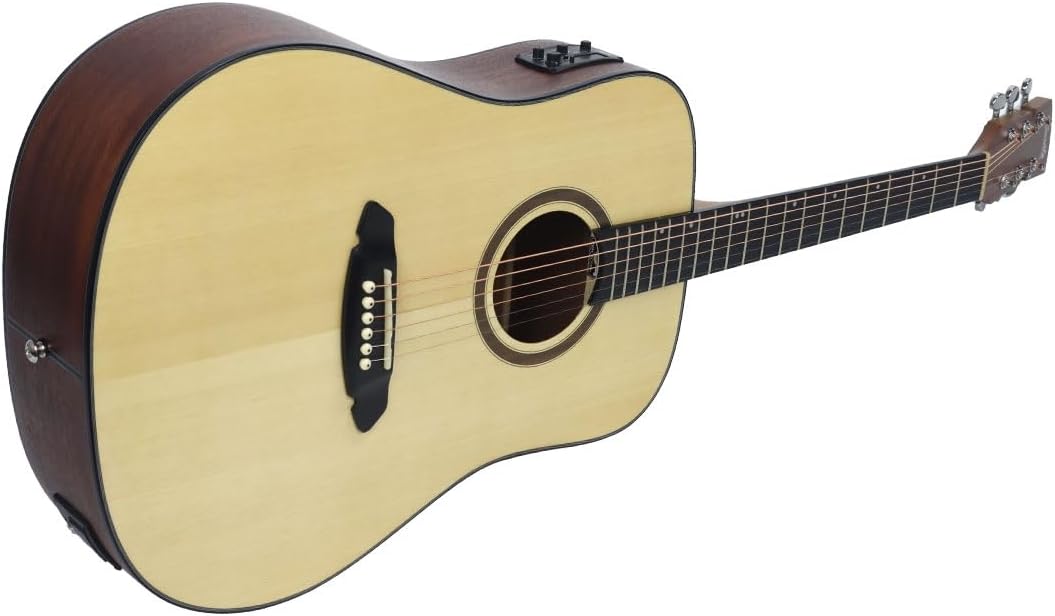 Violão elétrico Tonante Jade Folk natural com EQ 3 bandas e corpo em madeira clara e escura visto lateralmente