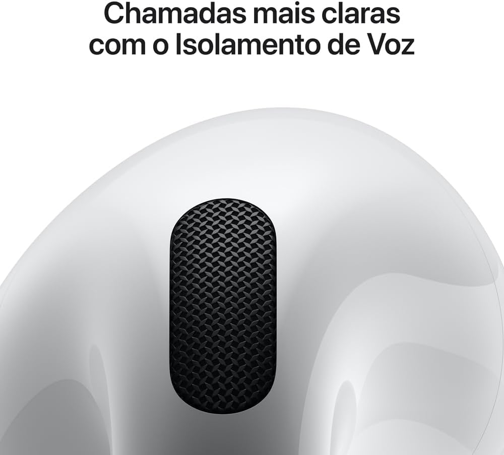 Close do Apple AirPods 4 branco com texto destacando chamadas claras e isolamento de voz.