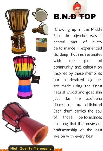 Variedade de tambores djembe artesanais coloridos e descrição da marca B.N.D TOP e sua inspiração cultural