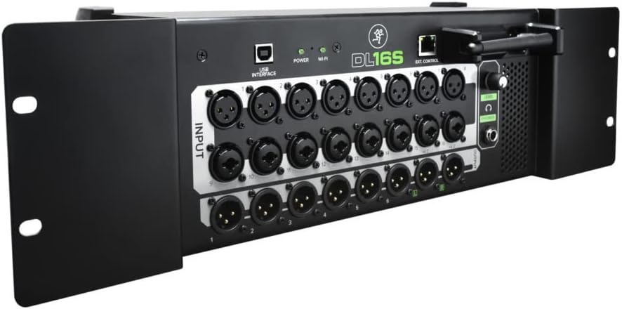 Mesa de som digital Mackie DL16S vista lateral com conexões e antena Wi-Fi