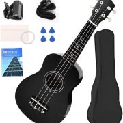 Ukulele soprano preto 21 polegadas com afinador eletrônico, correia, palhetas, cordas extras, pano de limpeza, tutorial e capa preta.