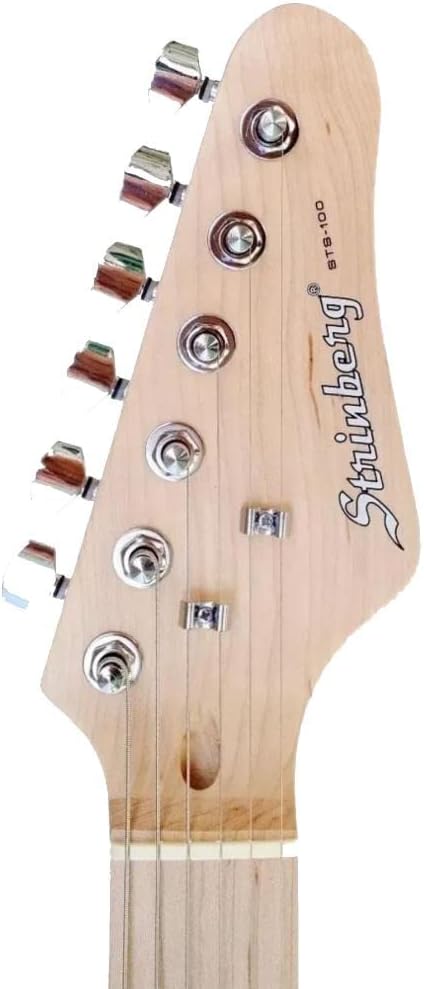 Headstock da guitarra Strinberg Strato STS-100 com tarraxas cromadas e logo da marca.