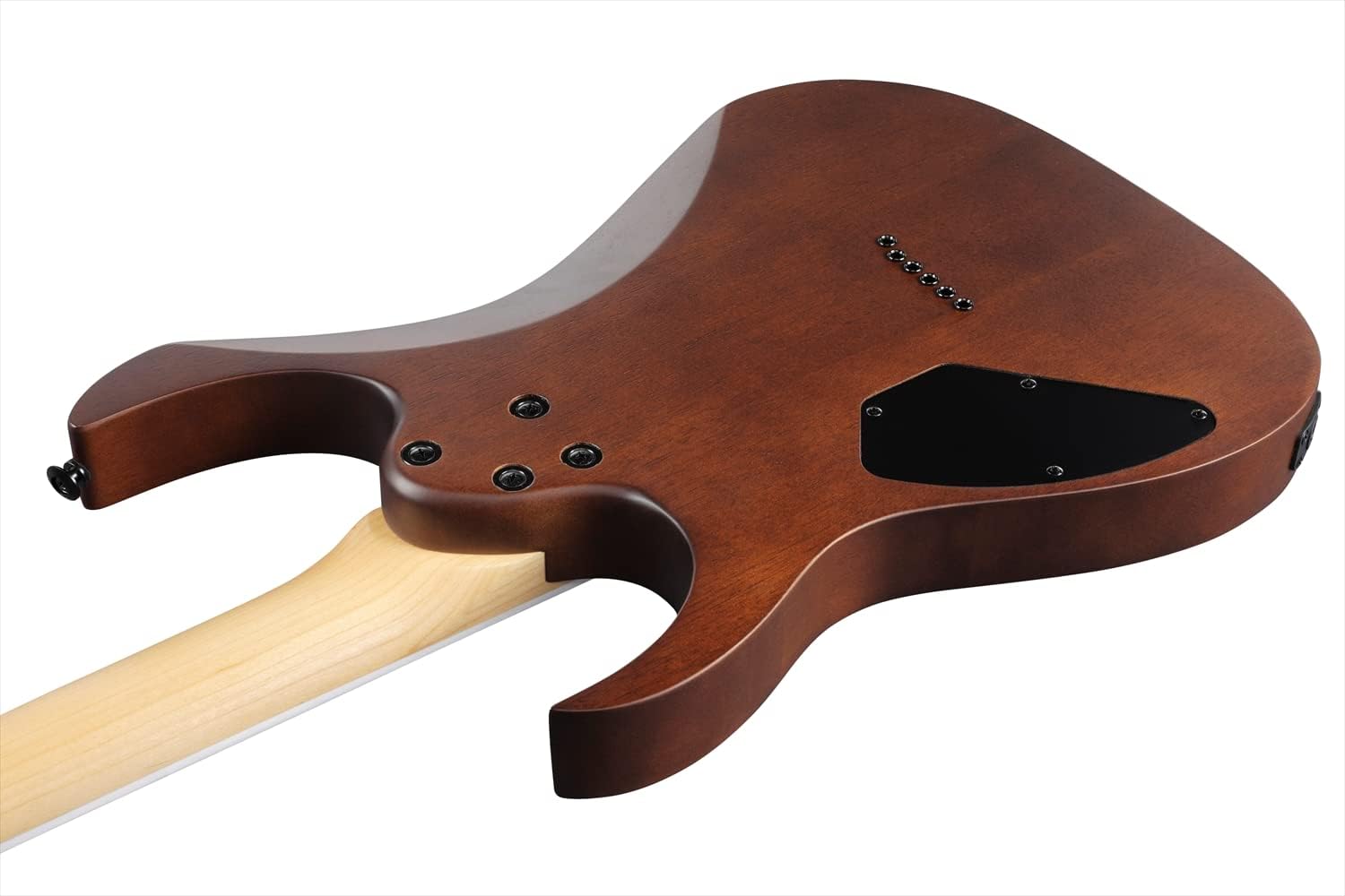 Traseira da guitarra Ibanez Gio GRG 121DX corpo Okoume Walnut Flat mostrando braço claro e capa preta para eletrônica.